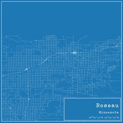 Blueprint US city map of Roseau, Minnesota.