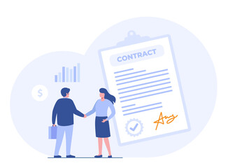 business contract concept, agreement illustration, teamwork and collaboration, partnership, business startup strategy, flat vector illustration banner