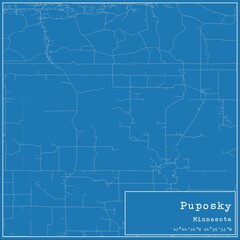 Blueprint US city map of Puposky, Minnesota.