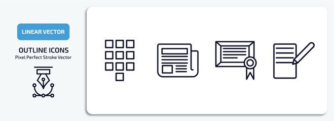 user interface outline icons set. user interface thin line icons pack included telephone keypad, folded newspaper, digital certificate, form vector.