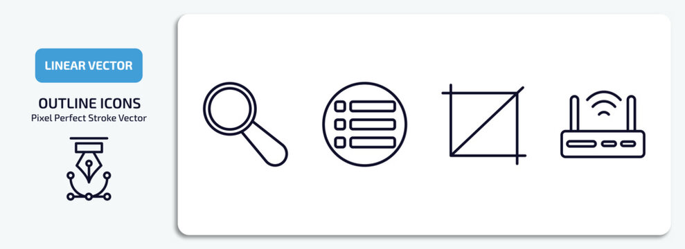 User Interface Outline Icons Set. User Interface Thin Line Icons Pack Included Looking, List Button, Crop Button, Internet Modem Vector.