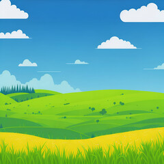 Summer fields, hills landscape, green grass, blue sky with clouds, flat style cartoon painting illustration.