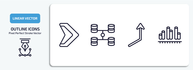 user interface outline icons set. user interface thin line icons pack included arrowheads, data interconnected, right up arrow, dual bars interface vector.
