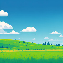 Summer fields, hills landscape, green grass, blue sky with clouds, flat style cartoon painting illustration.