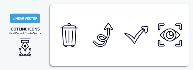 user interface outline icons set. user interface thin line icons pack included recycling container, swirly arrow, check mark arrow, viewer vector.