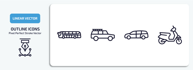 transportation outline icons set. transportation thin line icons pack included modern bus, off road, minivan, scooter vector.