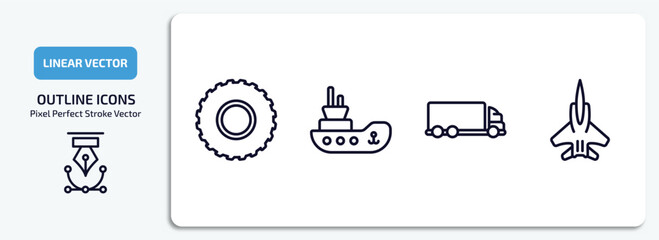 transportation outline icons set. transportation thin line icons pack included all terrain, tugboat, lorry, army airplane vector.