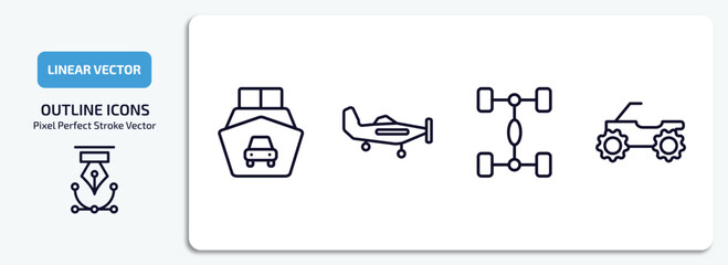 transport outline icons set. transport thin line icons pack included ferry carrying cars, light aircraft, chassis, quad bike vector. © Farahim