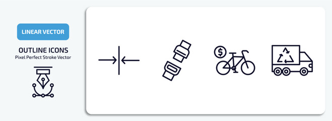 transport outline icons set. transport thin line icons pack included slim, seatbelt, bicycle rental, recycling truck vector.