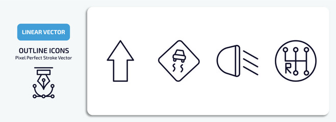 transport outline icons set. transport thin line icons pack included shift, slippy road, car lights, gearshift vector. © Farahim