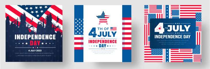 4th of July United States Independence Day celebration promotion advertising social media post banner, sticker, background, poster, card design set. Independence day USA festive decoration. usa flag