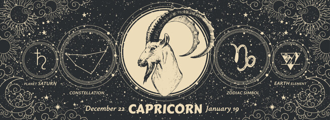 Capricorn zodiac sign, modern astrology banner with symbols, hand drawn line art illustration on black decorative background with sun and moon, vector horoscope. Vintage card.