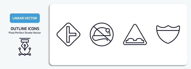 traffic signs outline icons set. traffic signs thin line icons pack included side road, no rodents, humps, highway vector.