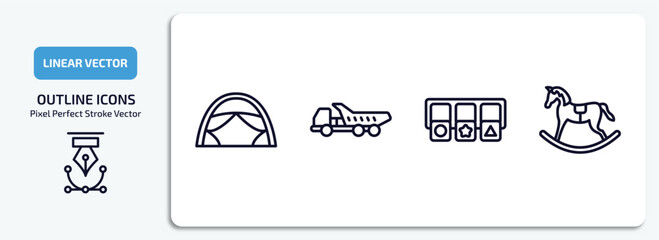 toys outline icons set. toys thin line icons pack included tent toy, truck toy, shapes toy, rocking horse vector.