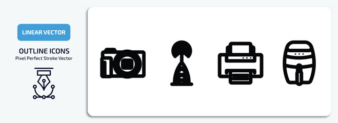 technology outline icons set. technology thin line icons pack included digital photo camera, frequency antenna, printing, fryer vector.