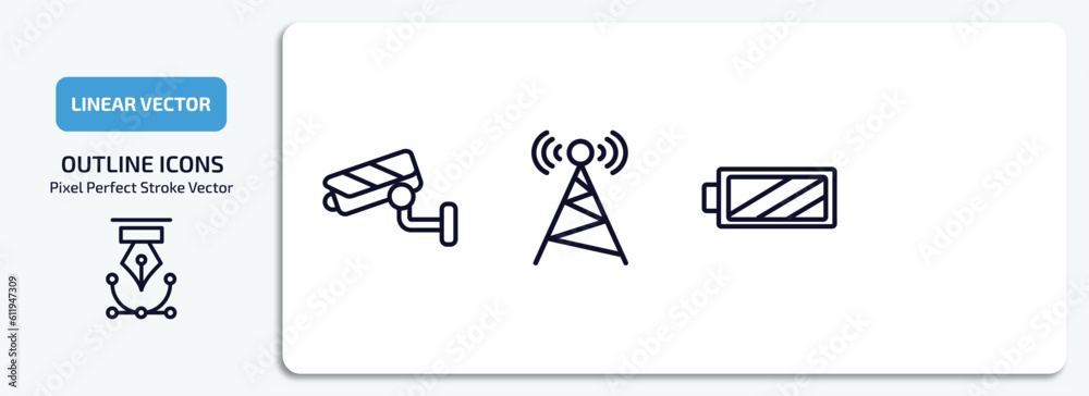 Wall mural technology outline icons set. technology thin line icons pack included security cam, basic microphon