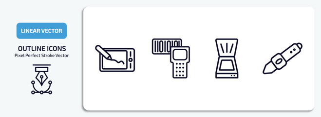 technology outline icons set. technology thin line icons pack included drawing tablet, portable scanner, scanner with cover, digital pen vector.