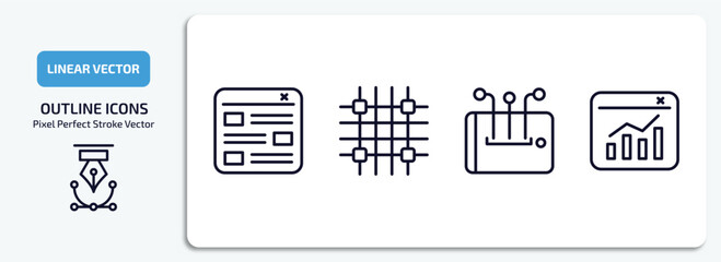 technology outline icons set. technology thin line icons pack included mood board, grid system, content curation, data visualization vector.