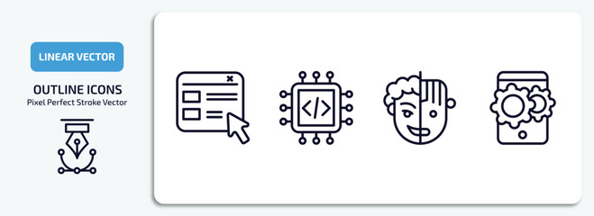 technology outline icons set. technology thin line icons pack included selector, embedding, humanoid robot, hybrid app vector.