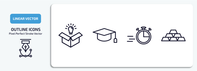 success outline icons set. success thin line icons pack included new product, mortarboard, quick, gold ingots vector.