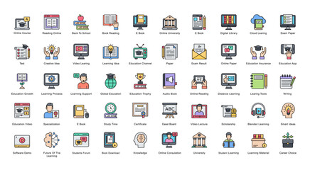 Learning Line Color Iconset Education Graduation Book Filled Outline Icon Bundle