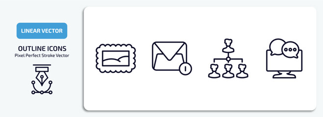 social media marketing outline icons set. social media marketing thin line icons pack included post stamp, message, path, mass media vector.