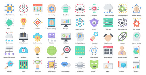 Machine Learning Flat Icons Artificial Intelligence Icon Set in Color Style 50 Vector Icons