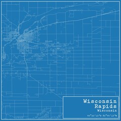 Blueprint US city map of Wisconsin Rapids, Wisconsin.