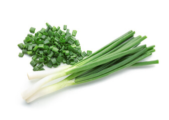 Slices of fresh green onion on white background