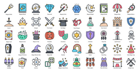 Magic & Fairy Line Color Icons Witch Wizard Icon Set in Filled Outline Style 50 Vector Icons 