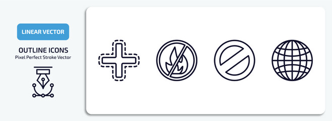 signs outline icons set. signs thin line icons pack included addition, no fire allowed, no, grid world vector.
