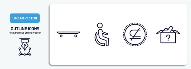 signs outline icons set. signs thin line icons pack included skateboard, disability, is not a sub, lost items vector.