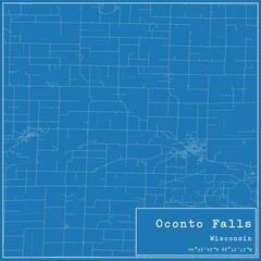 Blueprint US city map of Oconto Falls, Wisconsin.