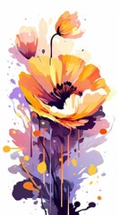 Elegant vector graphic illustration of an orange poppy, dynamic composition, violet, orange, yellow, beautiful - generative AI