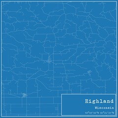 Blueprint US city map of Highland, Wisconsin.