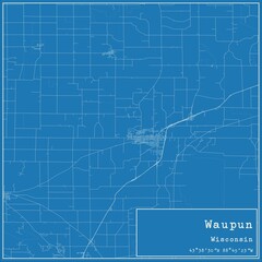 Blueprint US city map of Waupun, Wisconsin.