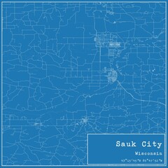 Blueprint US city map of Sauk City, Wisconsin.