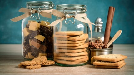 Fototapeta na wymiar milk and cookies, some cookies in jar - generative AI