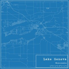 Blueprint US city map of Lake Geneva, Wisconsin.