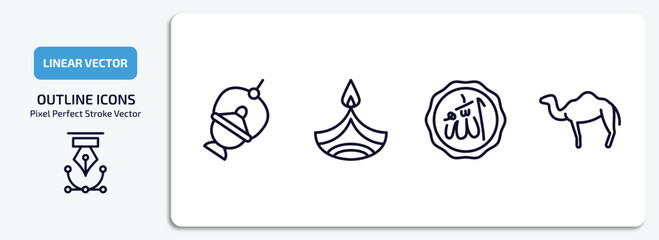 religion outline icons set. religion thin line icons pack included jewish incense, dipa, allah word, dromedary vector.