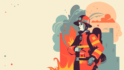 Vector illustration of a firefighter on the background of a burning building. Fire, flame, smoke.