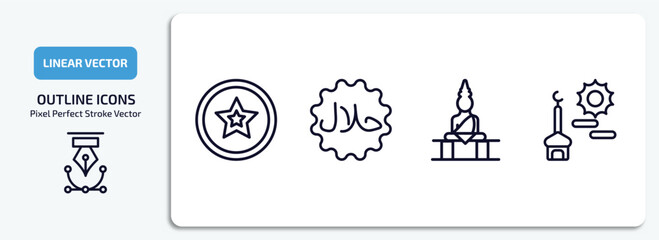 religion outline icons set. religion thin line icons pack included anglican, halal, great buddha, subah prayer vector.