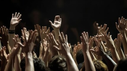 crowd of people in the park, group of rising hands on concert - generative AI