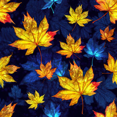 Seamless pattern of multi-colored autumn leaves. AI generated.