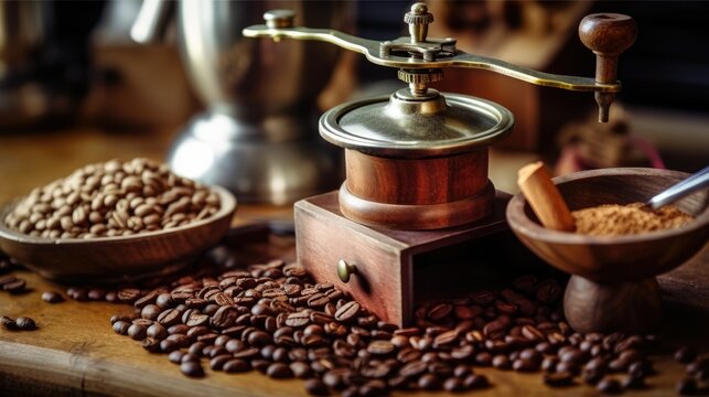 coffee grinder with coffee beans, traditional grind coffee - generative AI