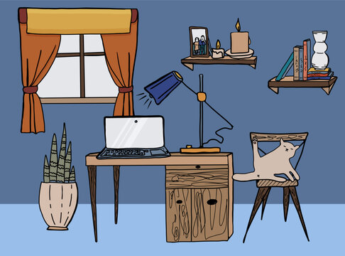 Vector interior of living room, hand drawn cartoon illustration. Doodles furnitures in mid century style.