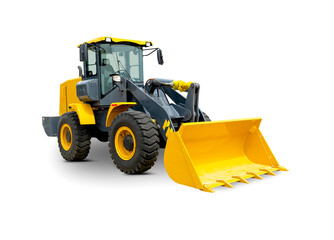 Obraz na płótnie Canvas Yello Wheel Loader Isolated on White Background. Front Loading Shovel. Manufacturing Equipment. Pneumatic Truck. Tractor Front End Loader. Heavy Equipment Machine. Side View Industrial Vehicle.