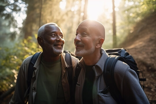 Active Retired Interracial Gay Couple Hiking Outdoors. Soft Focus, Sunshine Blur. Generative AI