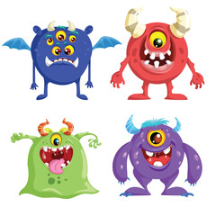 Cute cartoon Monsters set. Goblins, trolls and aliens. Halloween and birthday party characters. Vector illustrations collection.