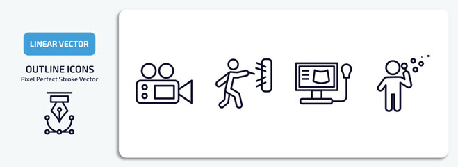 people outline icons set. people thin line icons pack included movie director, man throwing a dart, ultrasonography, man making soap bubbles vector.